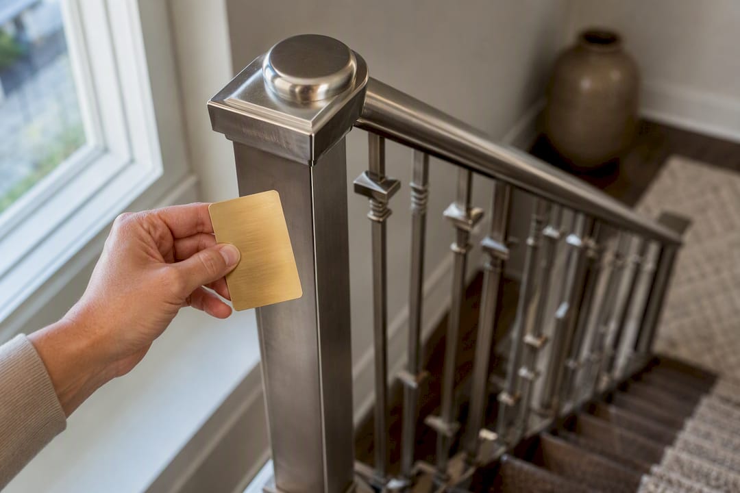 Metal finish swatch beside stair railing