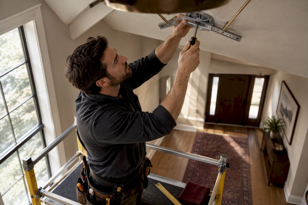 Electrician reinforcing vaulted ceiling box