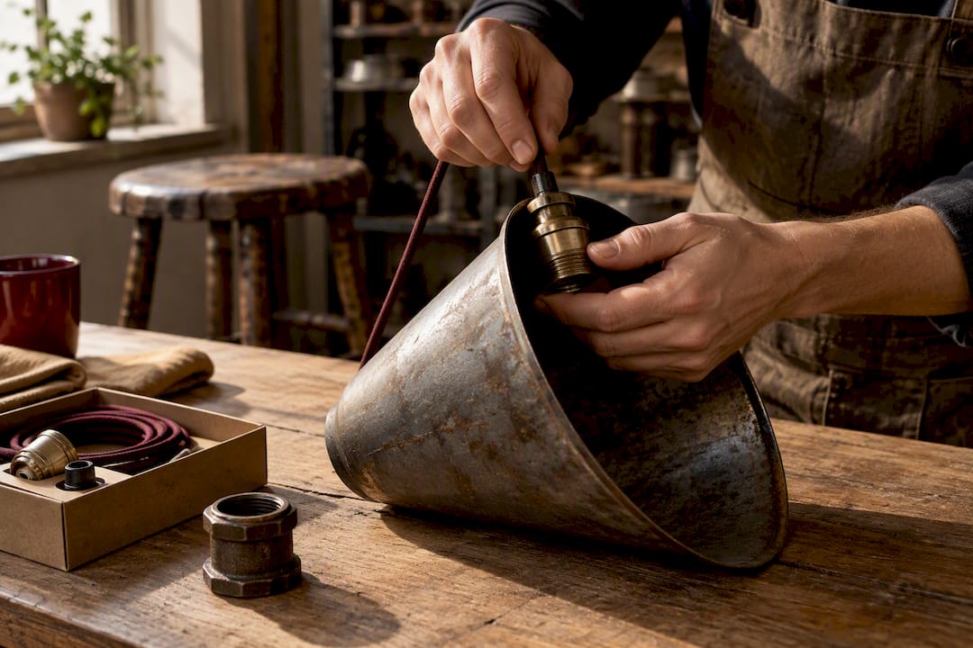 Hands rewiring a repurposed metal funnel