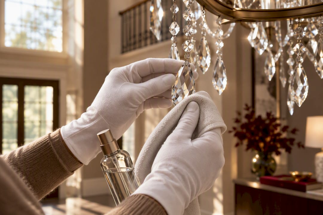 Hands cleaning chandelier crystal drops