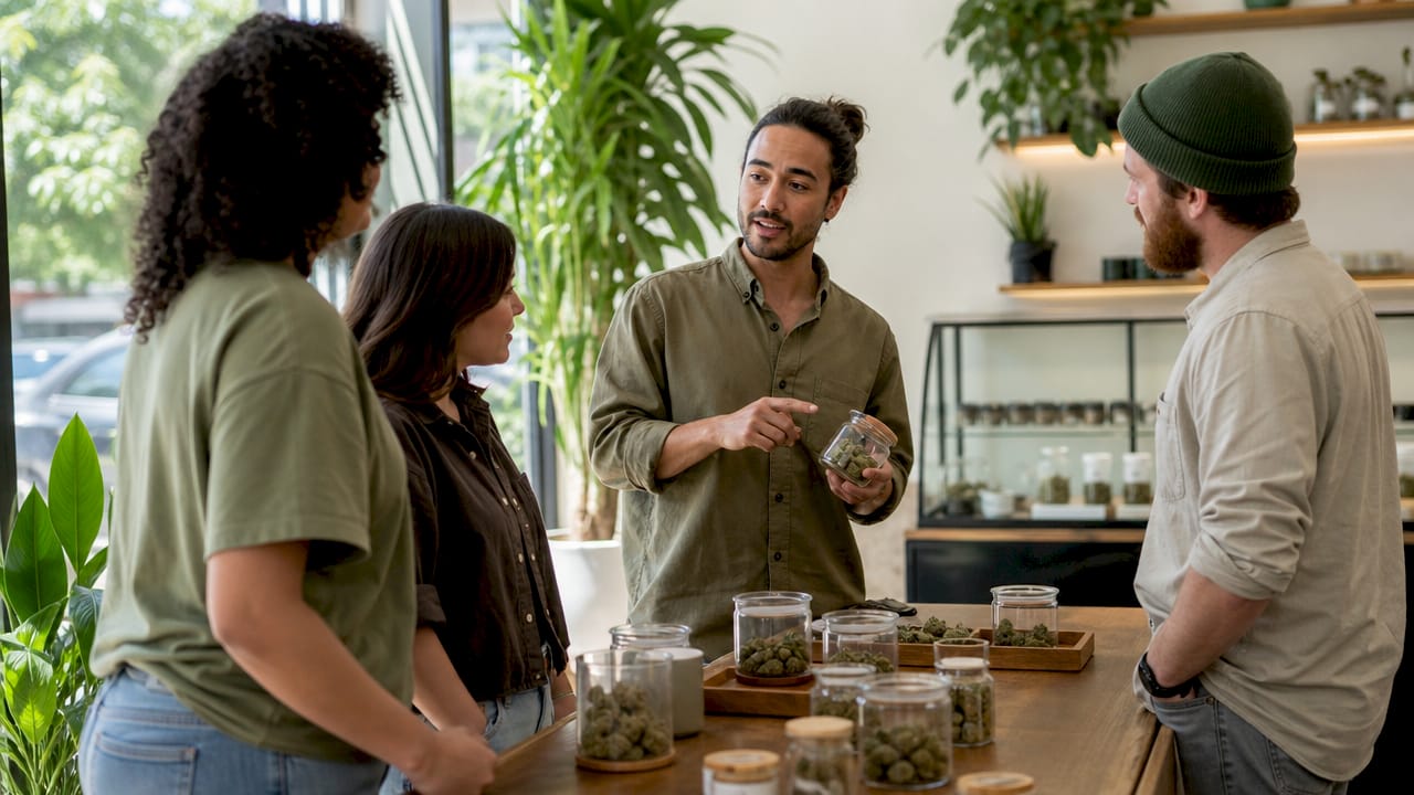 Boutique dispensary staff explaining products