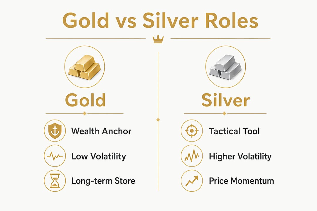 Infographic comparing gold and silver roles in crisis