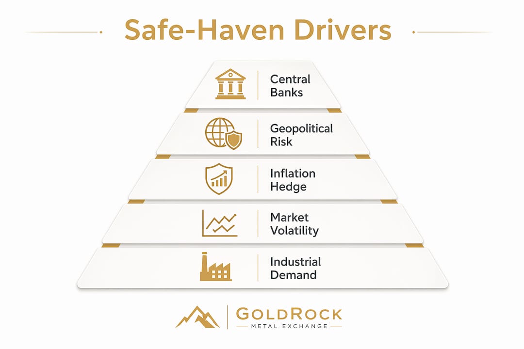 Infographic illustrating safe-haven drivers for precious metals
