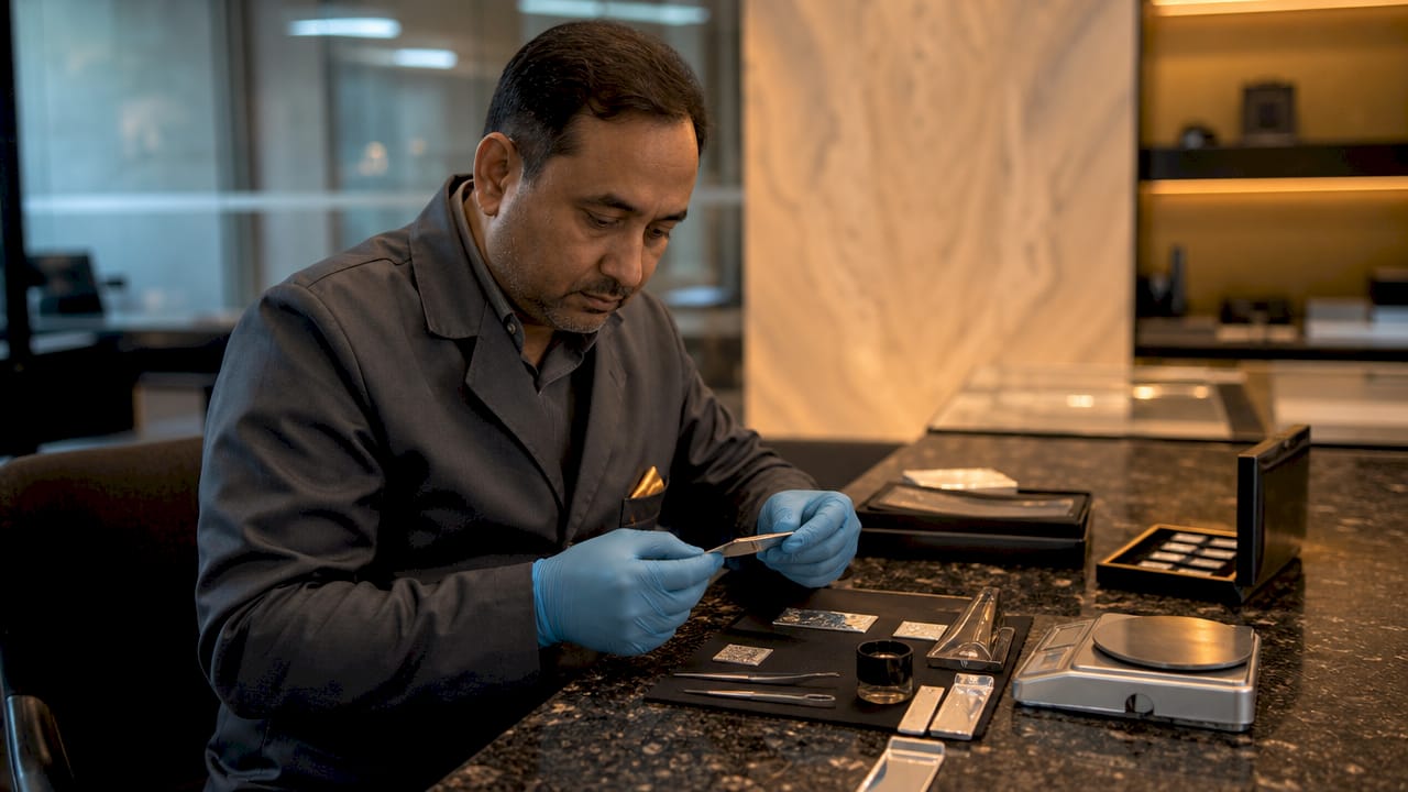Technician inspecting silver sheets in workshop