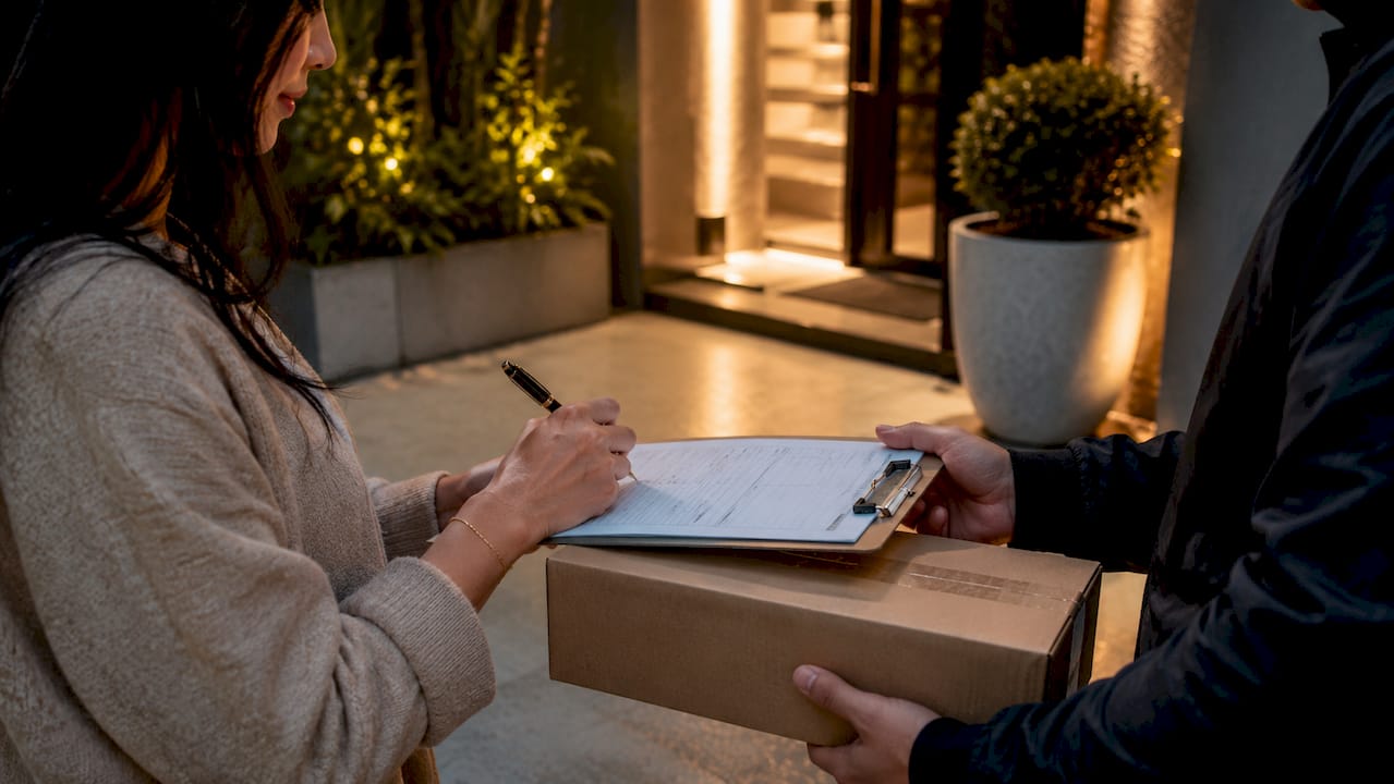 Hands signing for delivered package at home doorstep