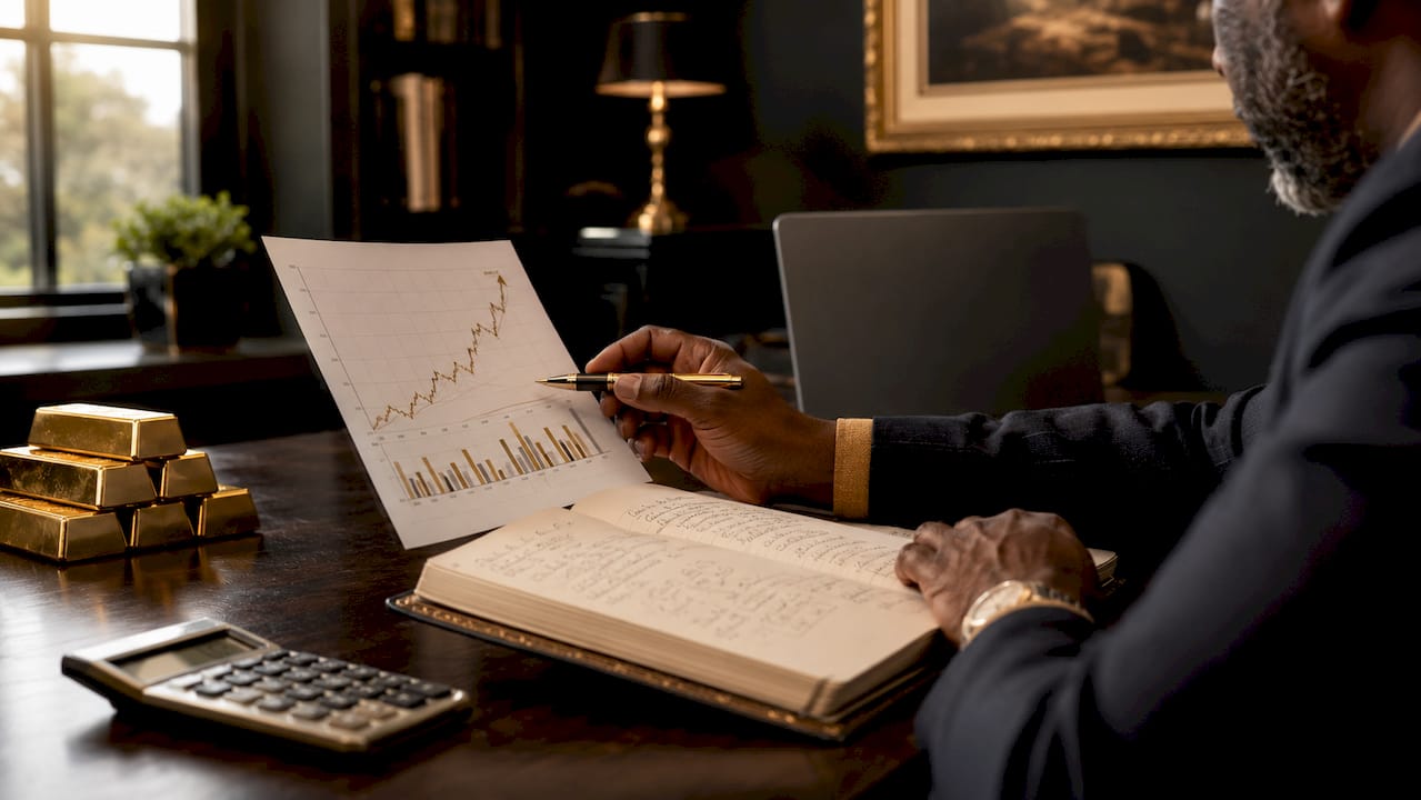 Hands pointing at gold-stock correlation graph