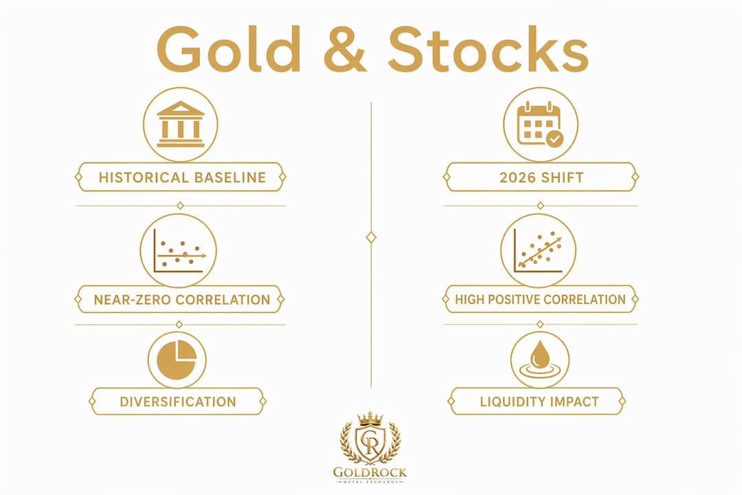 Infographic comparing historical vs 2026 gold-stock correlations