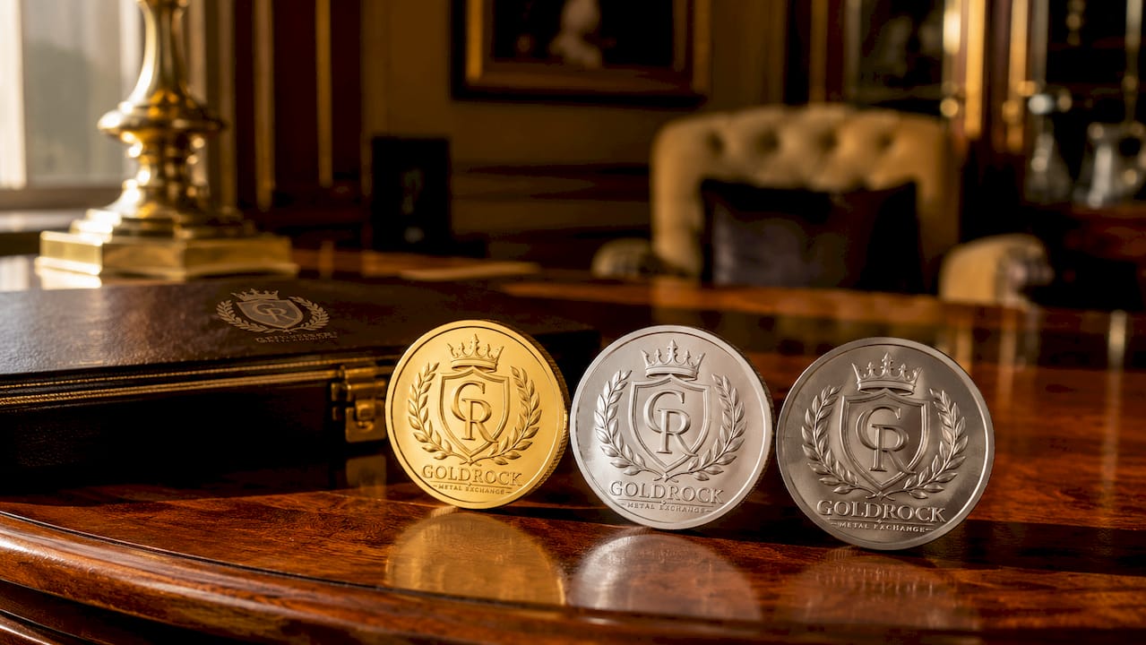 Close-up of gold, silver, and platinum coins on black fabric