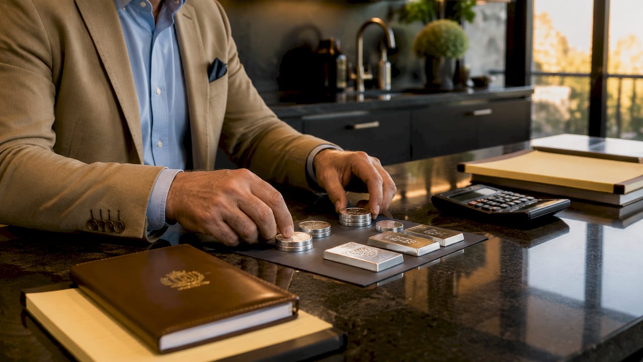 Hands sorting silver bars and industrial parts overhead