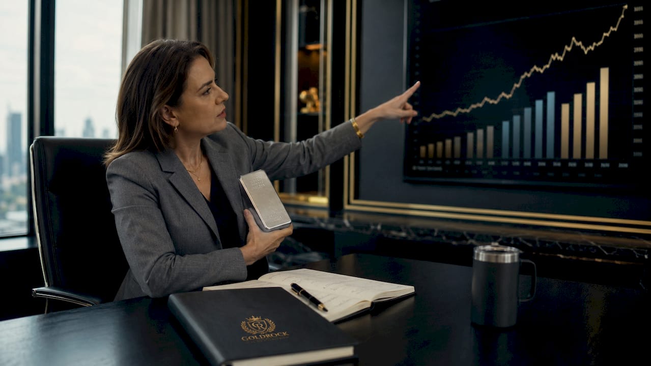 Hands holding silver bar near tablet with chart