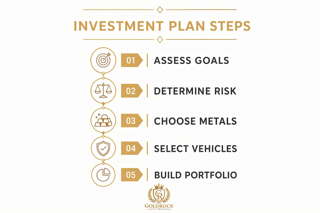Infographic outlining steps for precious metals investment plan