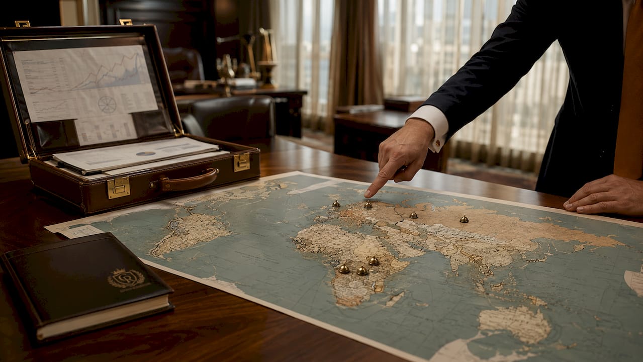 Hands pointing at palladium mining regions on map