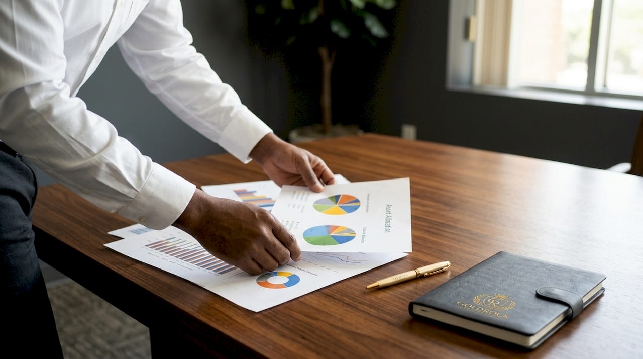Hands arranging investment asset class charts on table