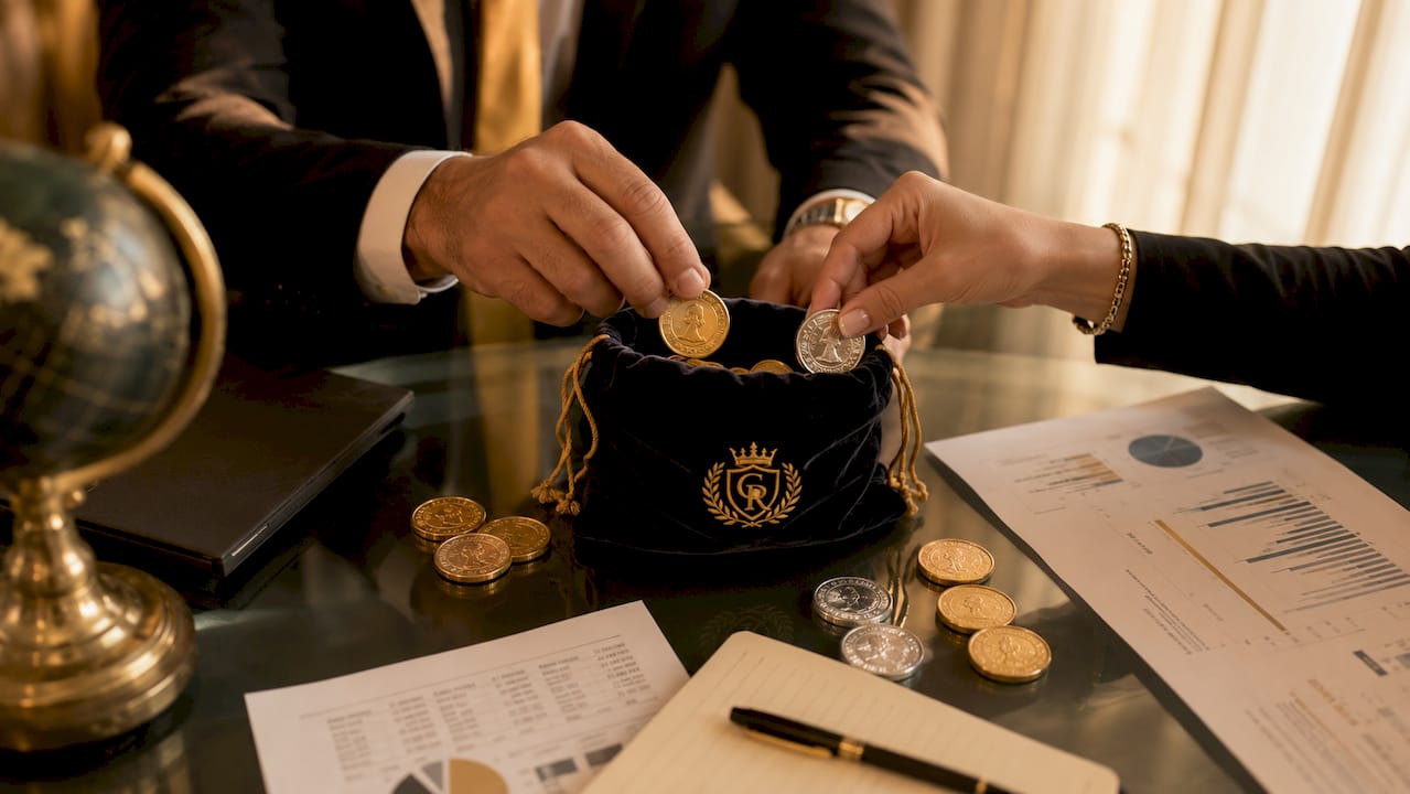 Hands exchanging gold and silver coins over table