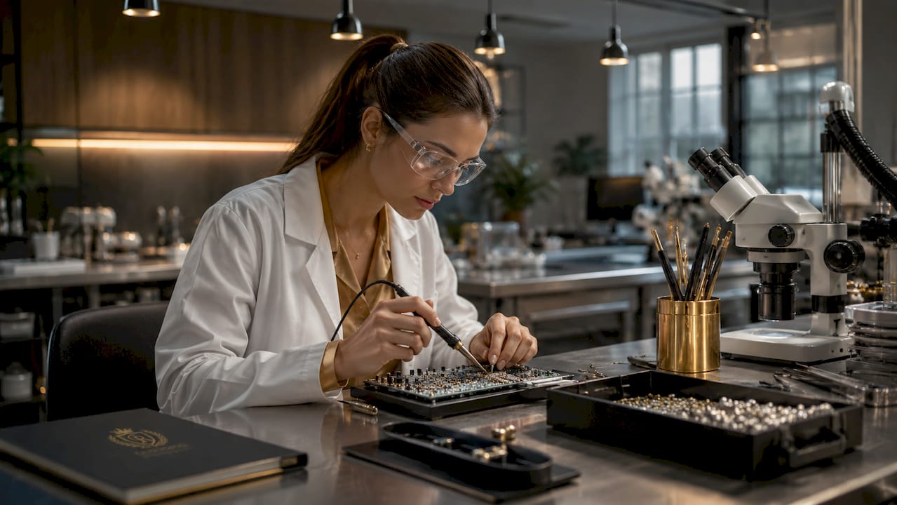 Technician soldering electronics with silver components