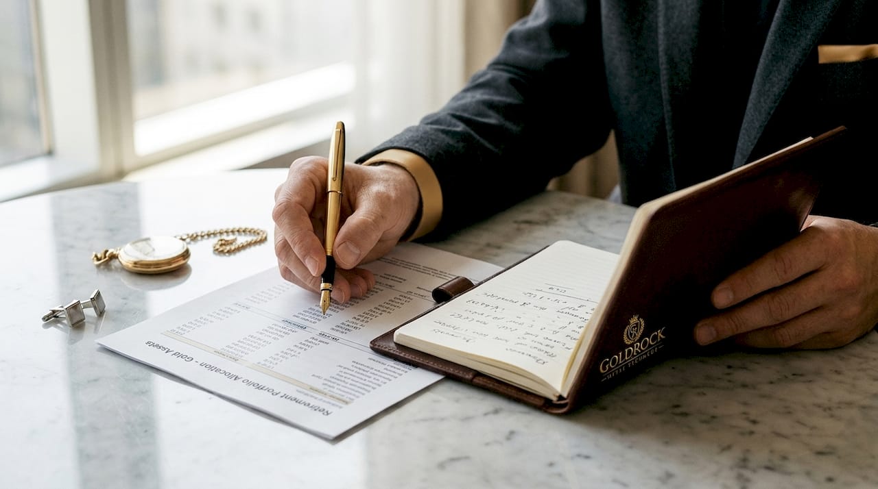 Hands calculating gold allocation on retirement portfolio