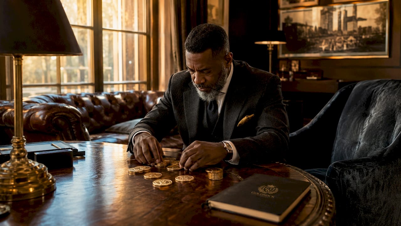 Hands counting gold bullion coins on wood table