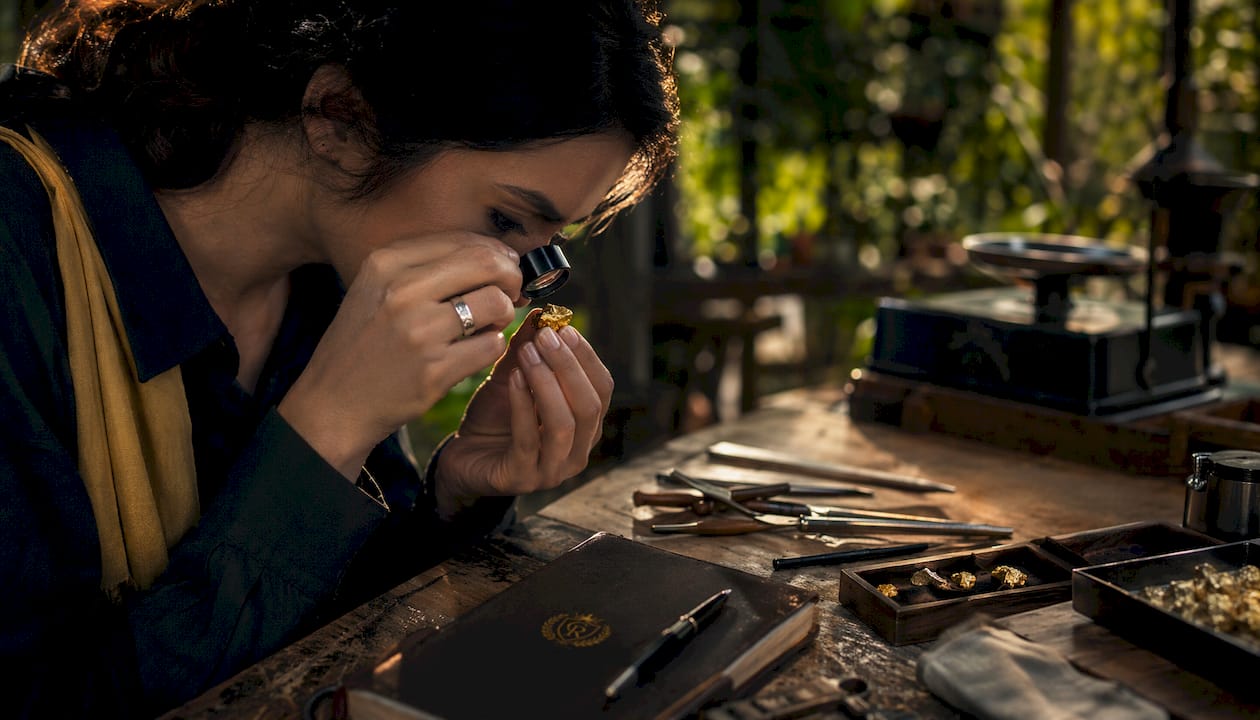 Hands testing gold nugget with jeweler’s loupe
