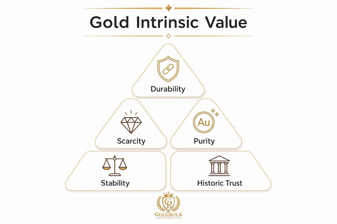Infographic illustrating key aspects of gold’s intrinsic value