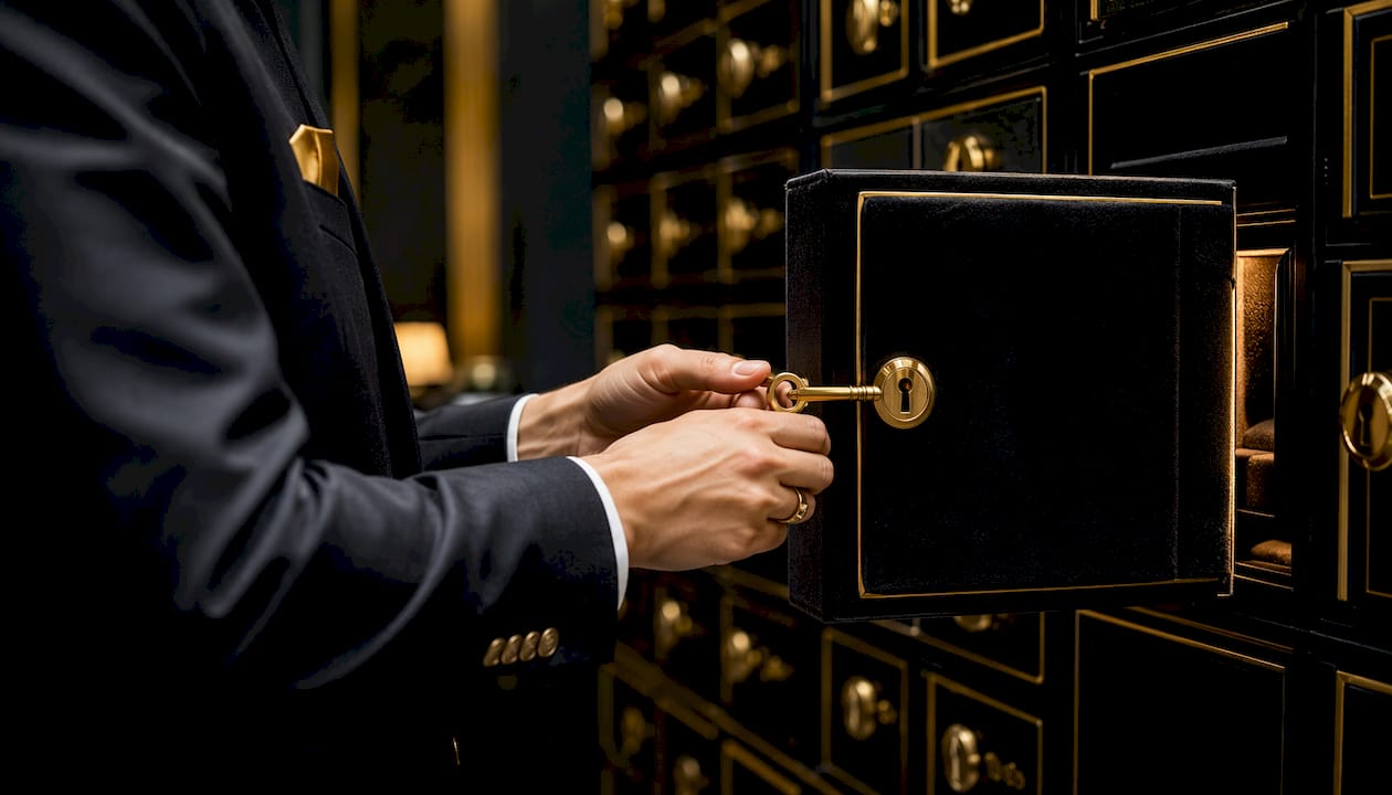 Hands unlocking bank safe deposit box