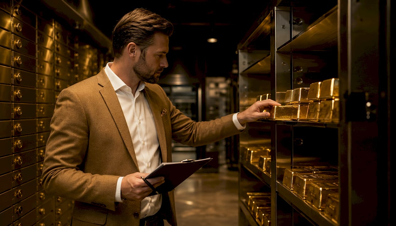 Private vault with gold bars and manager inspecting