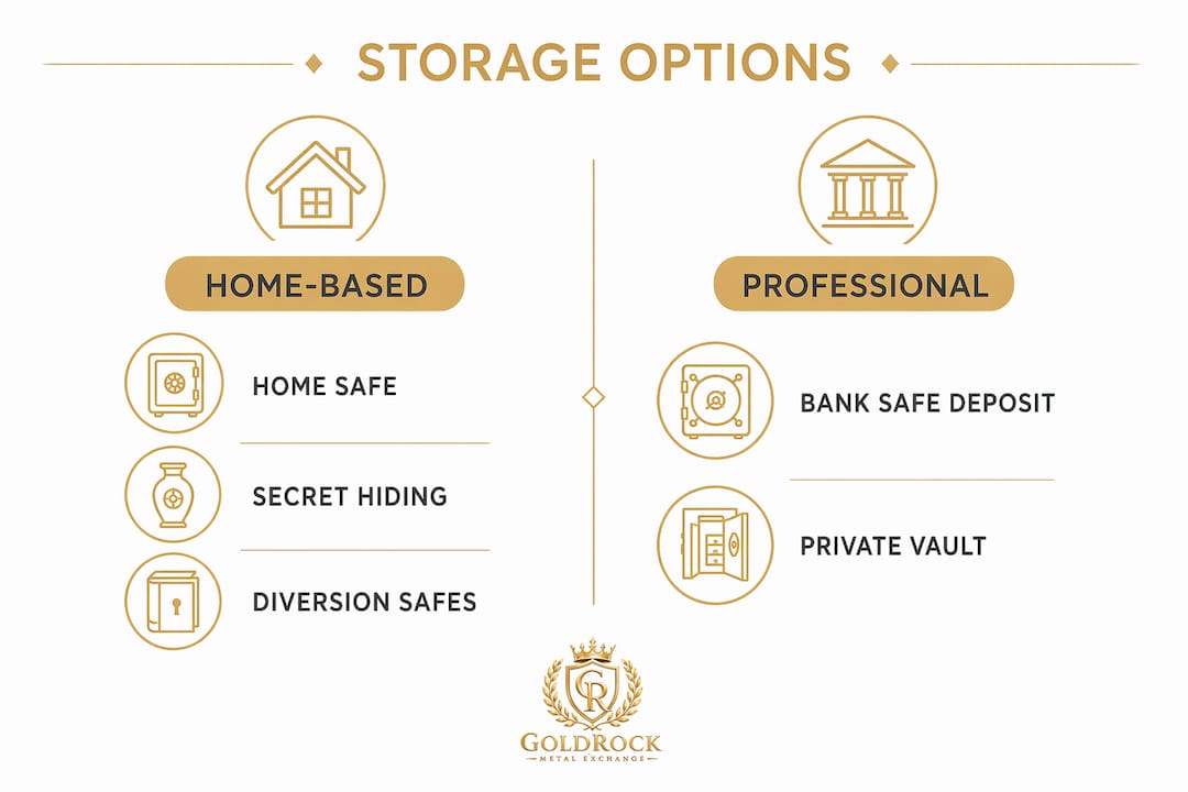 Infographic comparing home-based and professional precious metal storage options