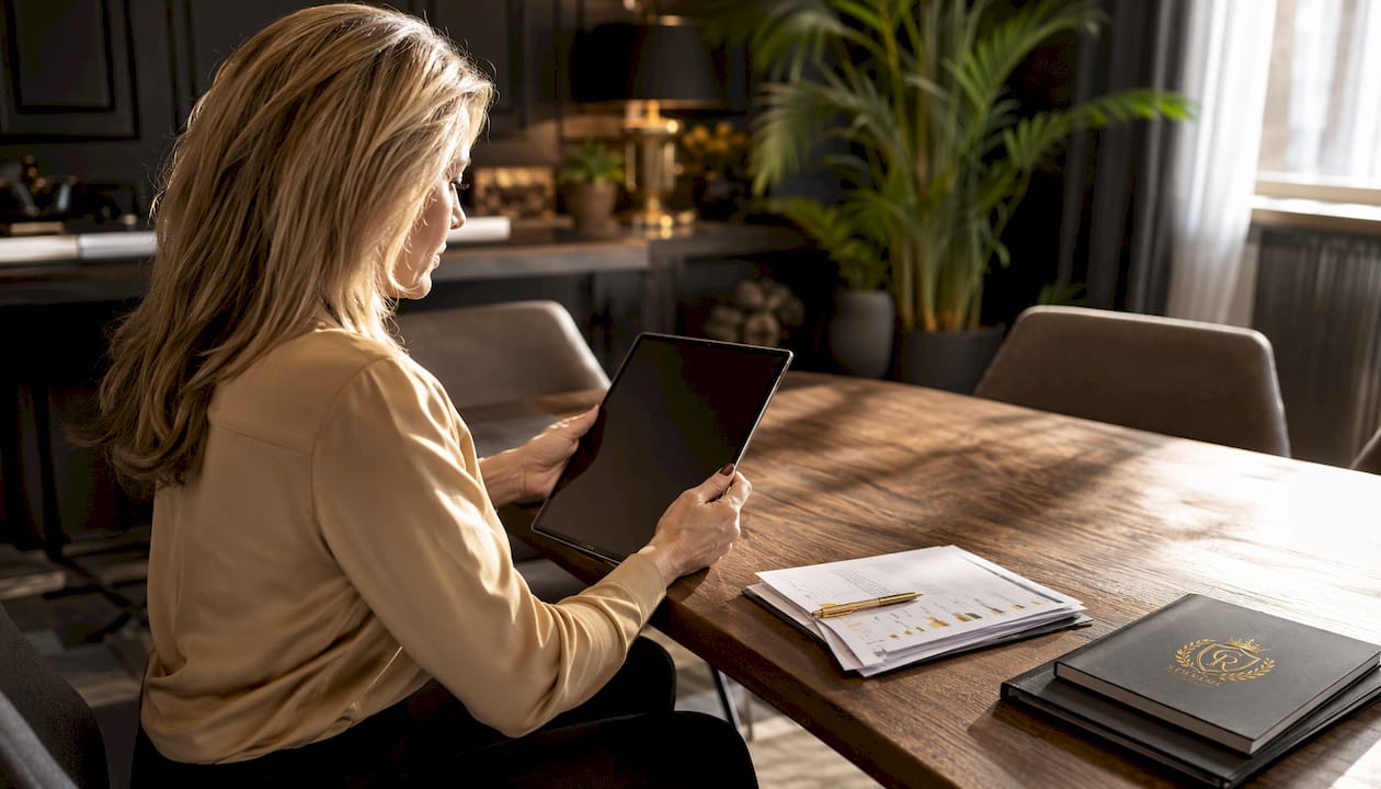 Investor hands holding tablet at conference table