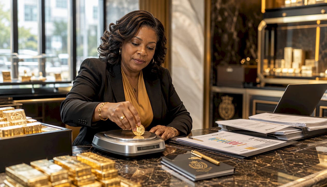 Dealer weighing gold round at shop counter