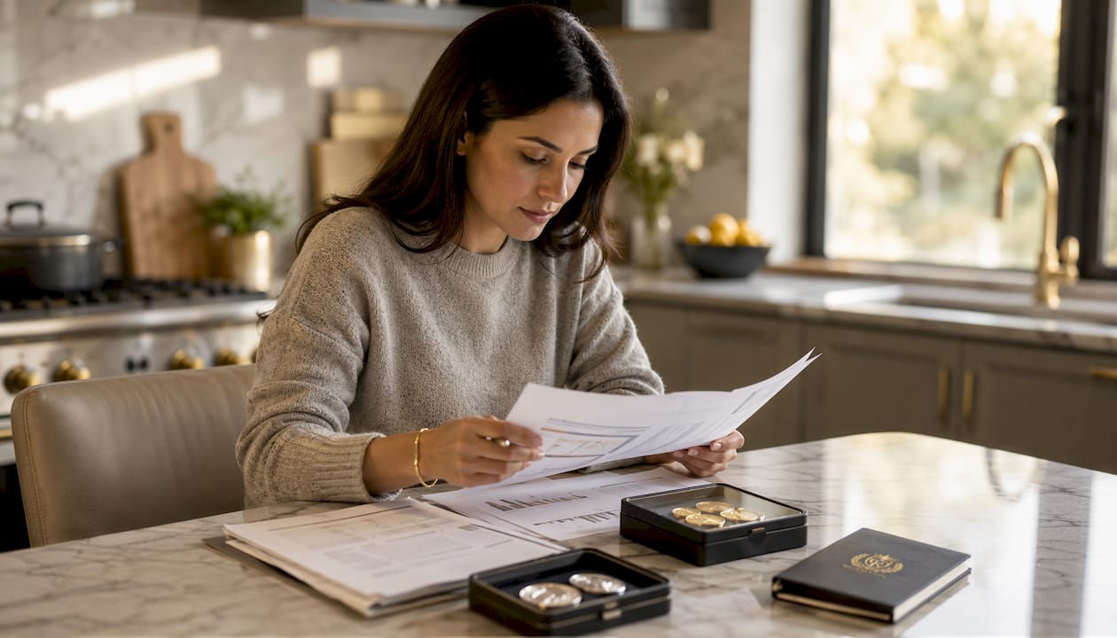 Hands reviewing precious metal investment documents
