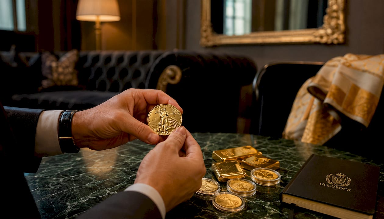 Hands showing gold coin among gold bars and rounds