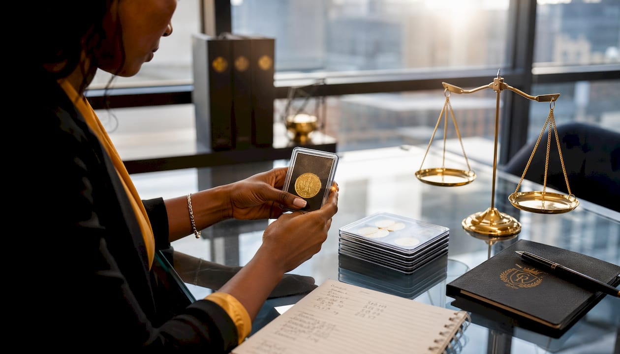 Hands typing by gold bullion coins and notes