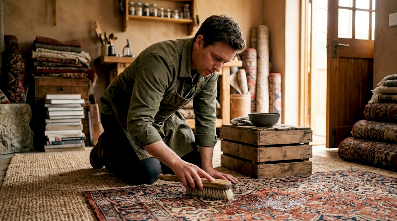 Hands preparing cleaning tools for rug care