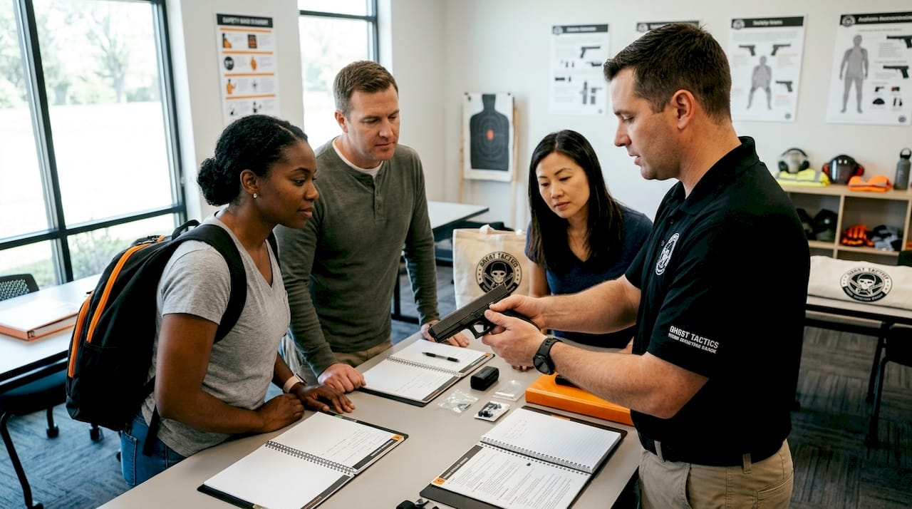 Instructor demonstrating gun safety to students in classroom