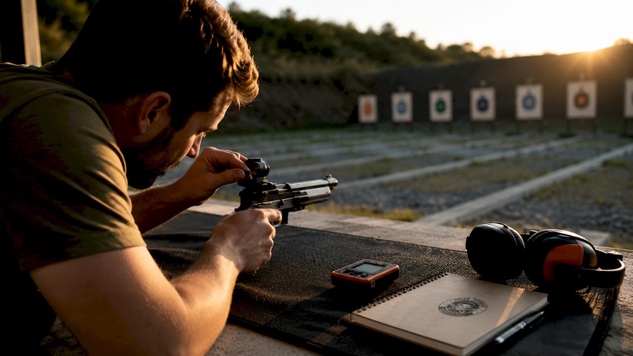 Athlete adjusting pistol sights at shooting range