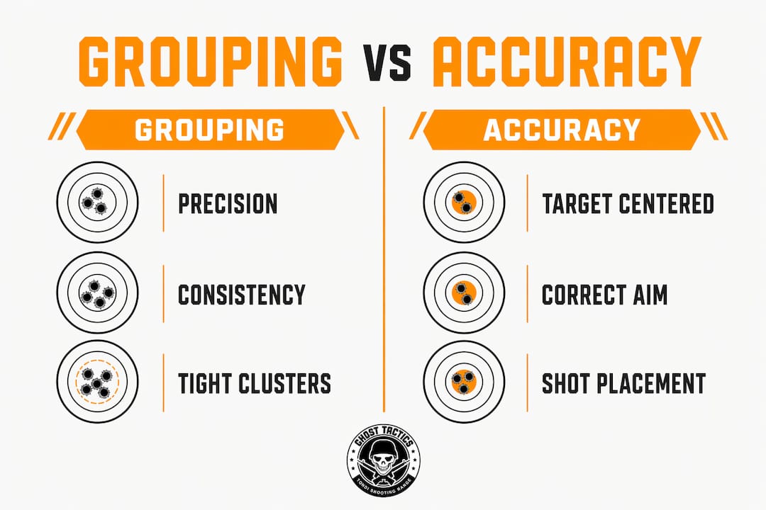 Infographic comparing grouping and accuracy in shooting