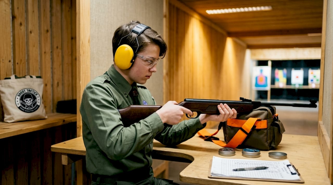 Scout aiming an air rifle indoors