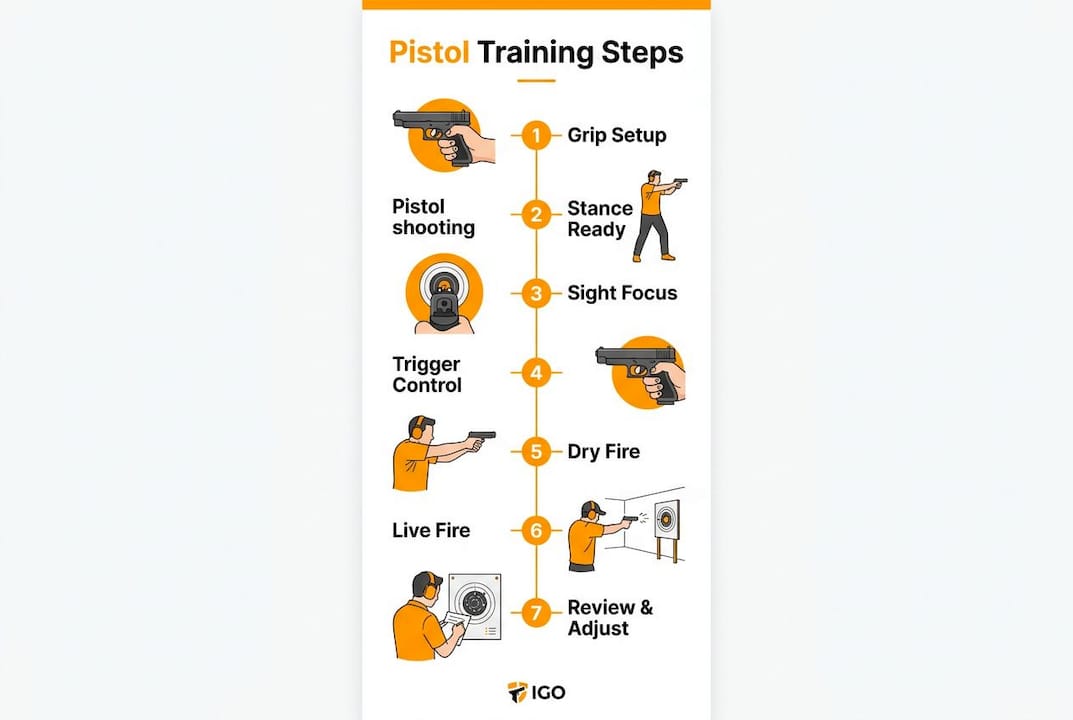 Infographic showing pistol shooting practice steps