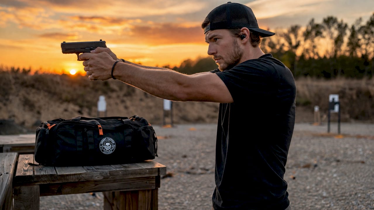 Side profile of shooter with firm handgun grip