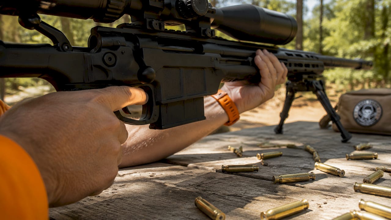 Close-up of hands controlling rifle trigger