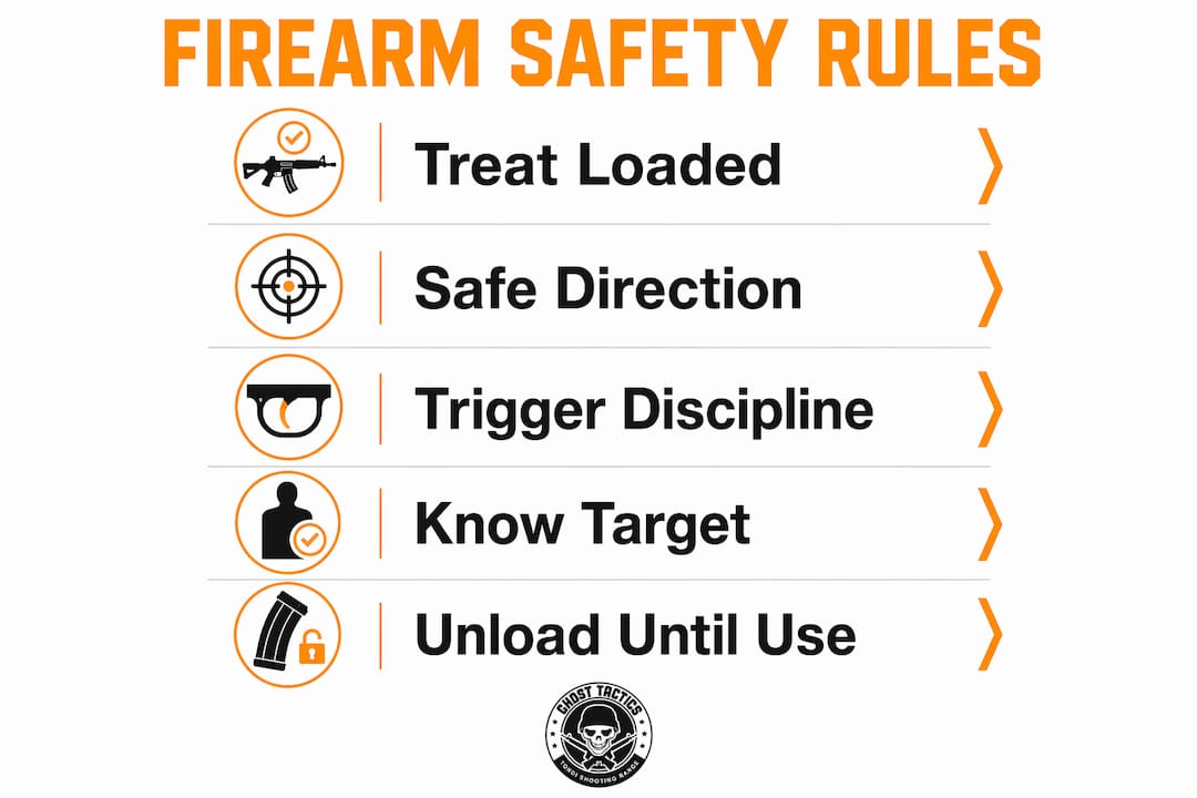 Infographic illustrating five basic firearm safety rules