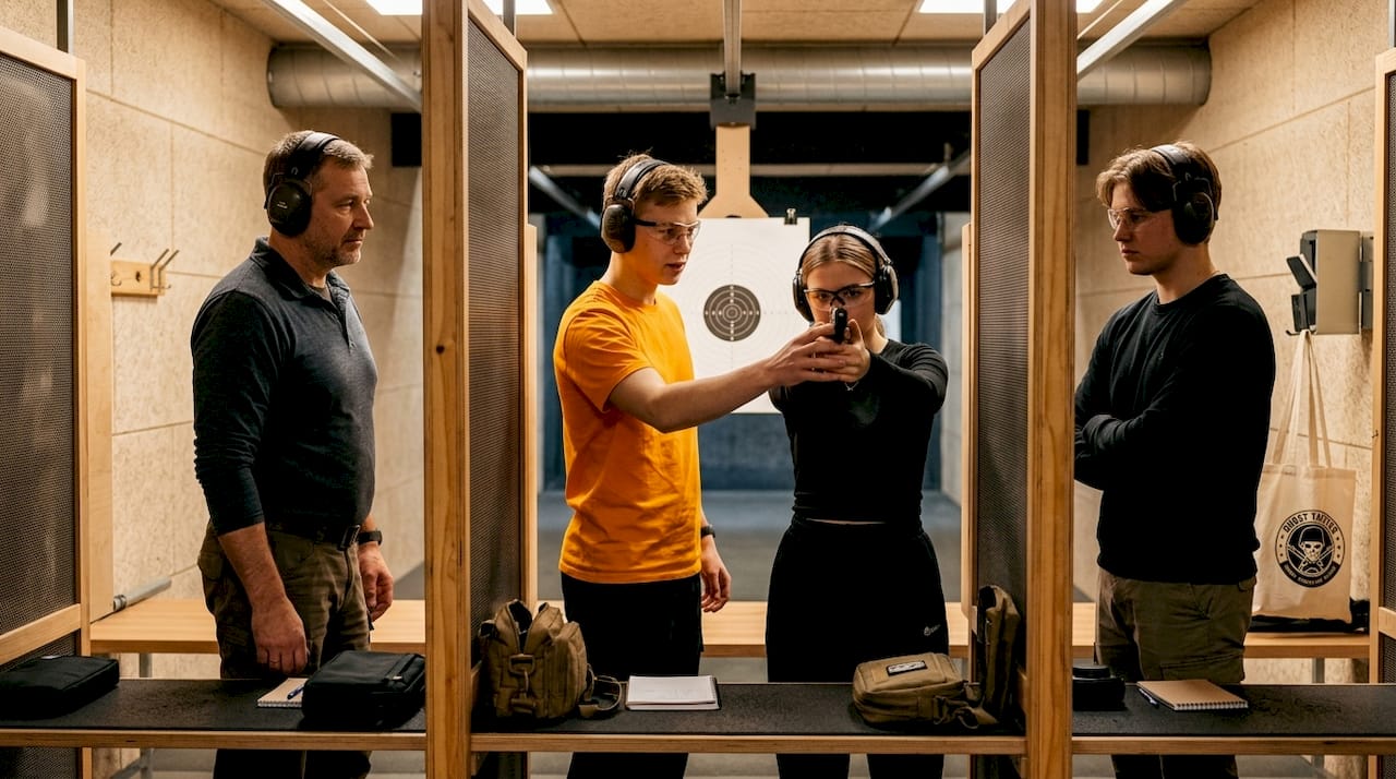 Shooting instructor and visitors practicing grip and stance