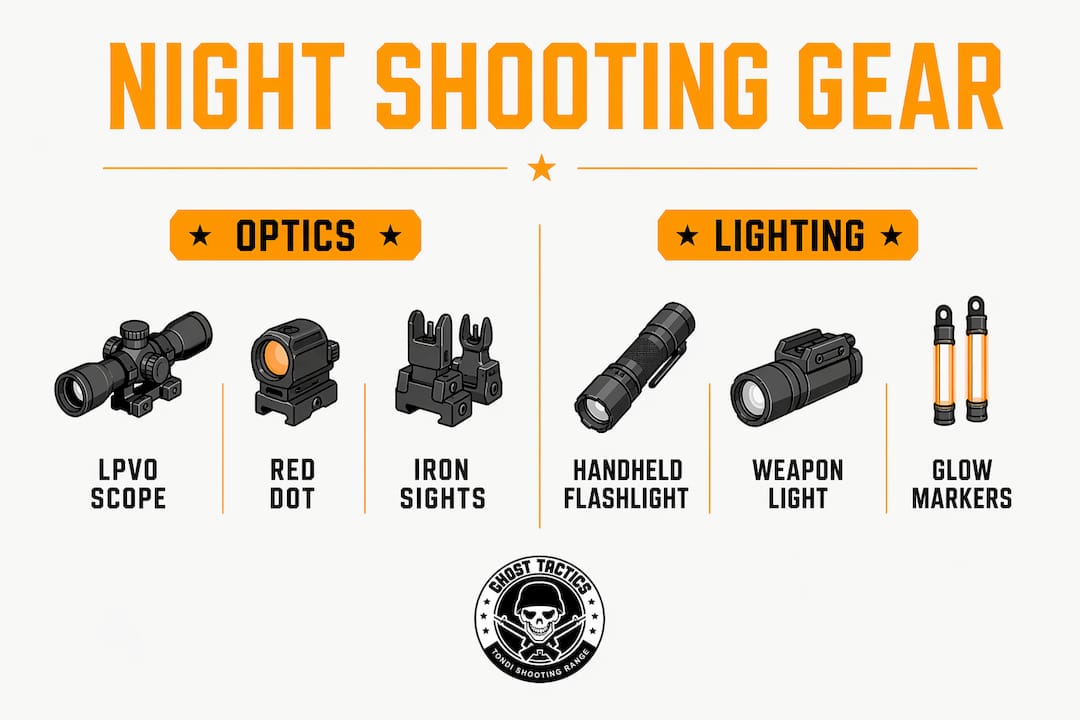 Infographic showing night shooting gear categories and items