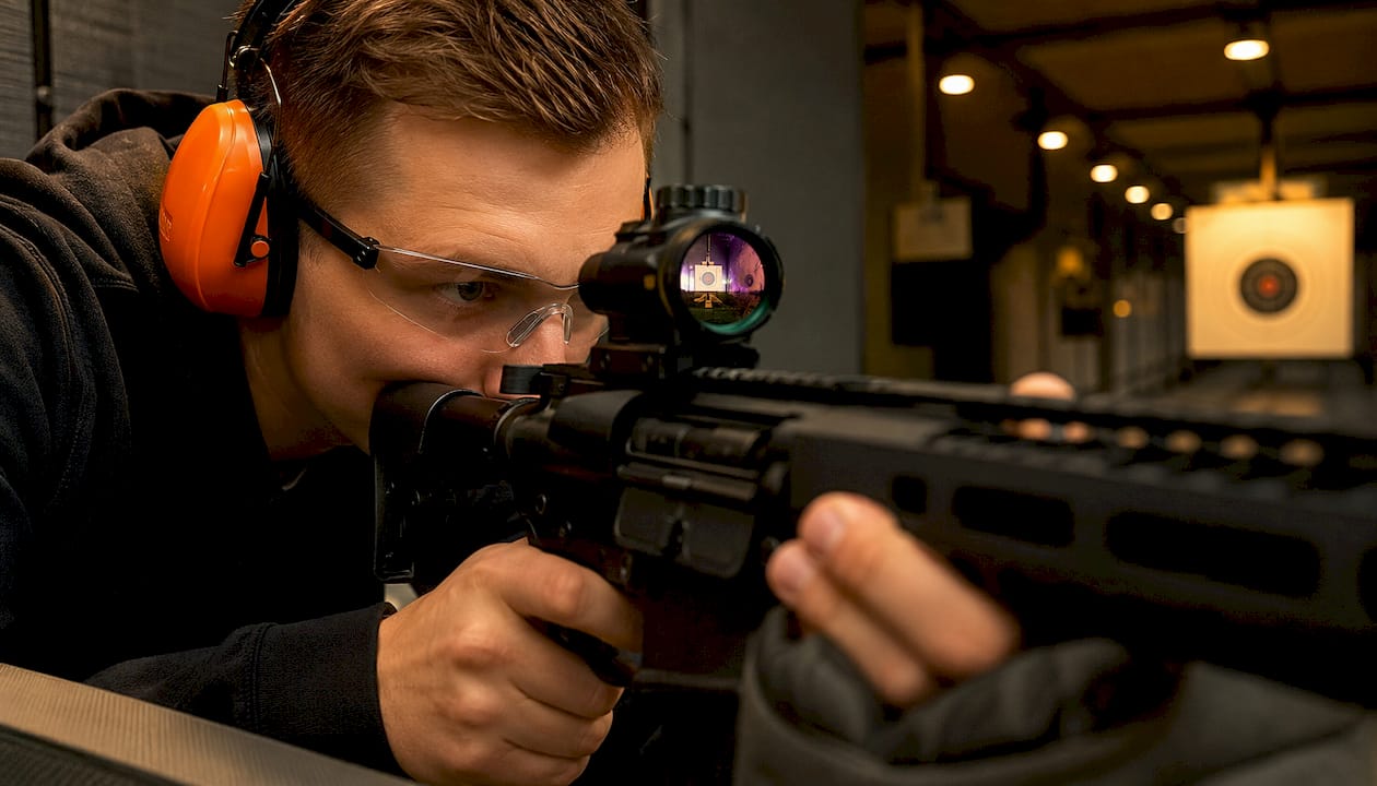 Rear view of male shooter practicing sight alignment indoors