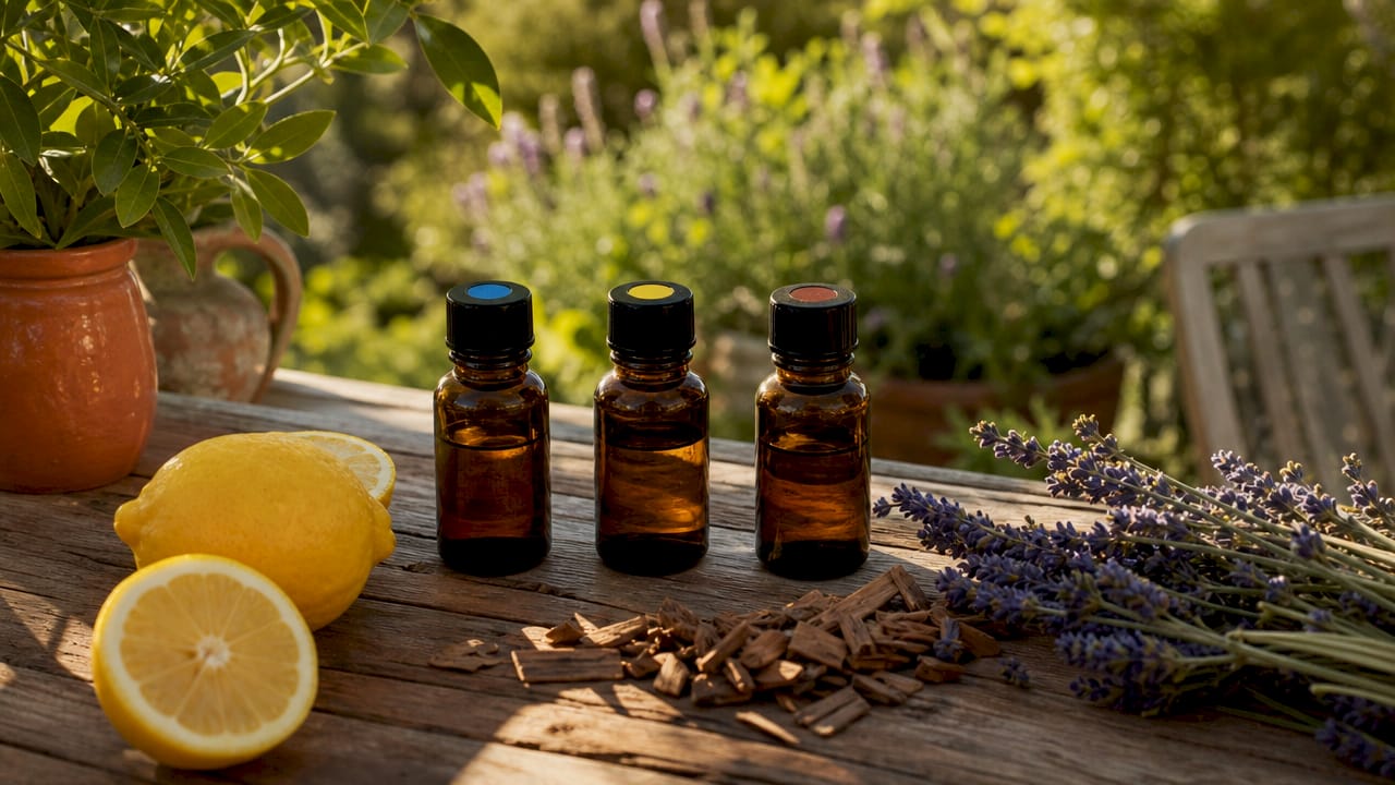 Close-up of essential oils with top, middle, base note props