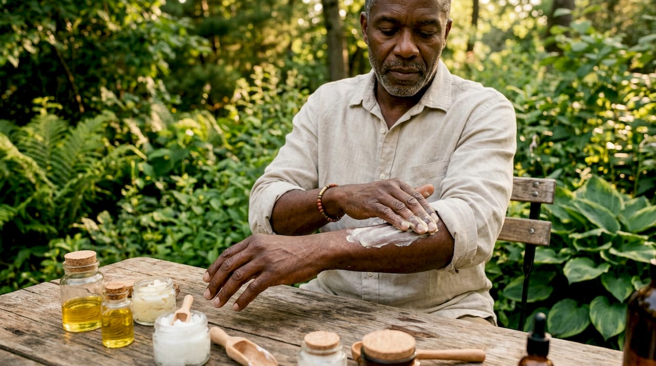Man applying organic shea butter on arm indoors