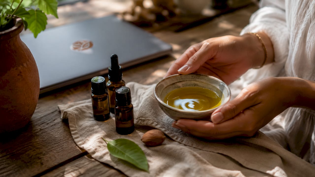 Close-up of carrier oils and natural ingredients