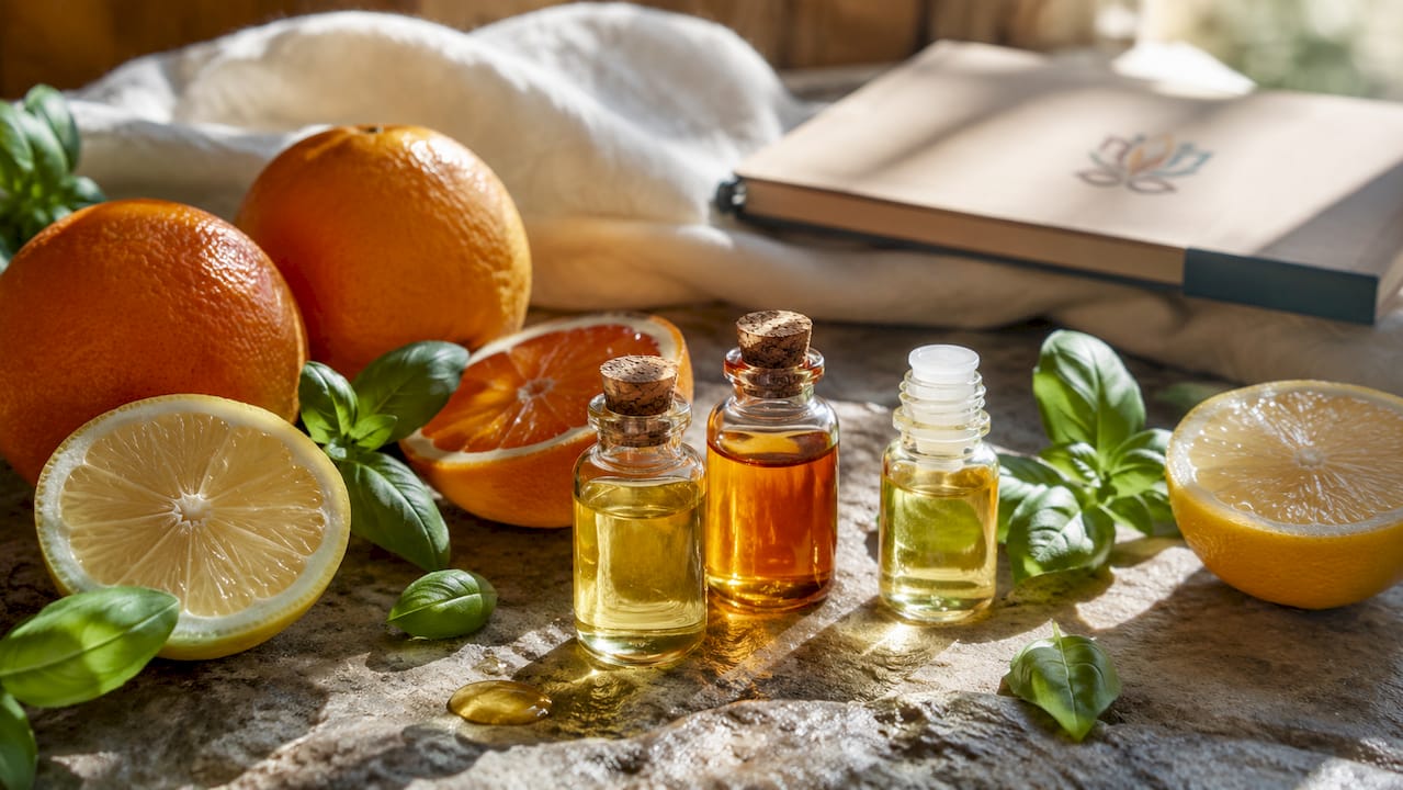 Close-up of citrus oils and fruits on table