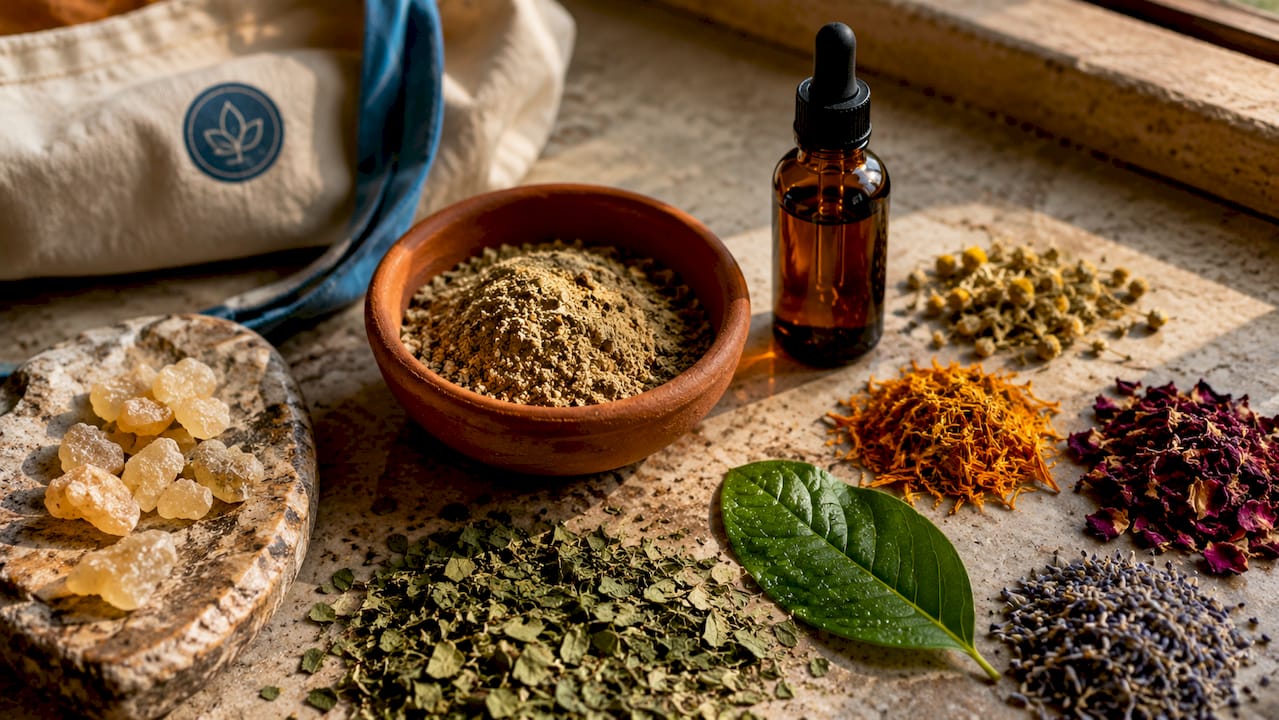 Close-up of healing herbs and herbal preparations