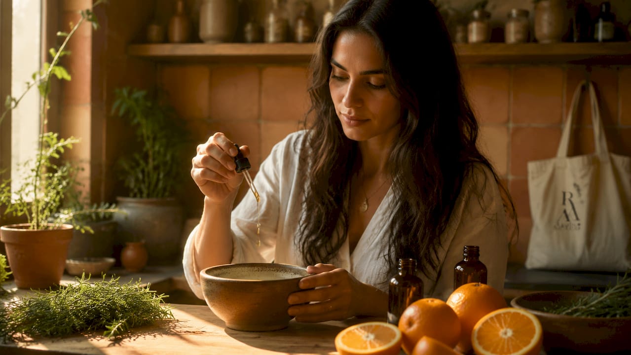 Hands blending essential oils with citrus and lavender