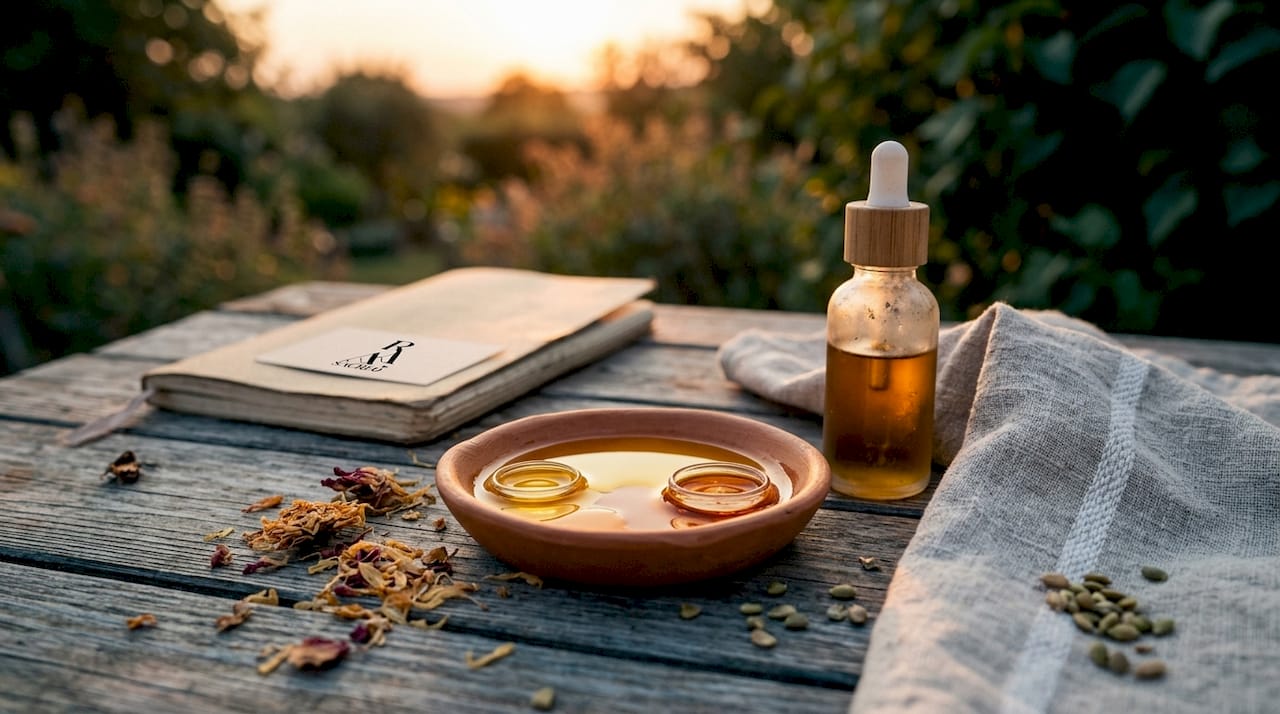 Close-up of botanical oils and natural elements on table